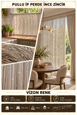 İP PERDE ÖZEL SERİ İNCE ZİNCİR PULLU VİZON RENK EN 100 CM BOY 300 CM KORNİŞ VE RUSTİK KULLANIMA MÜSAİT - 3