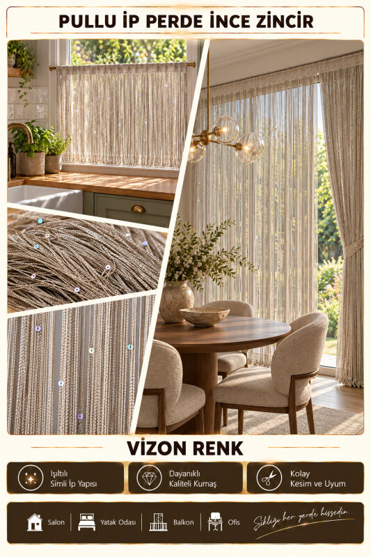İP PERDE ÖZEL SERİ İNCE ZİNCİR PULLU VİZON RENK EN 100 CM BOY 300 CM KORNİŞ VE RUSTİK KULLANIMA MÜSAİT - 3