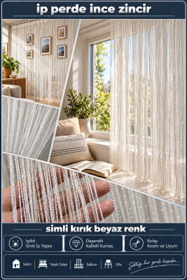İP PERDE ÖZEL SERİ İNCE ZİNCİR SİMLİ KIRIK BEYAZ RENK (100 * 300) KORNİŞ VE RUSTİK KULLANIM - 2