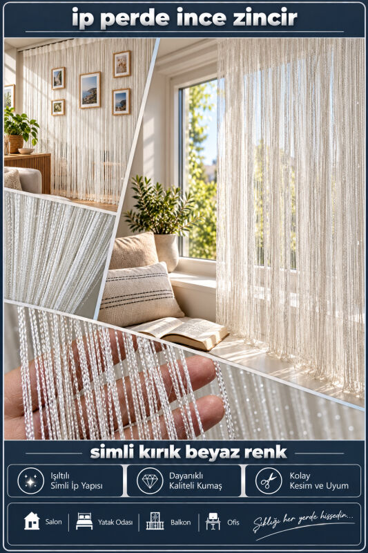 İP PERDE ÖZEL SERİ İNCE ZİNCİR SİMLİ KIRIK BEYAZ RENK (100 * 300) KORNİŞ VE RUSTİK KULLANIM - 2
