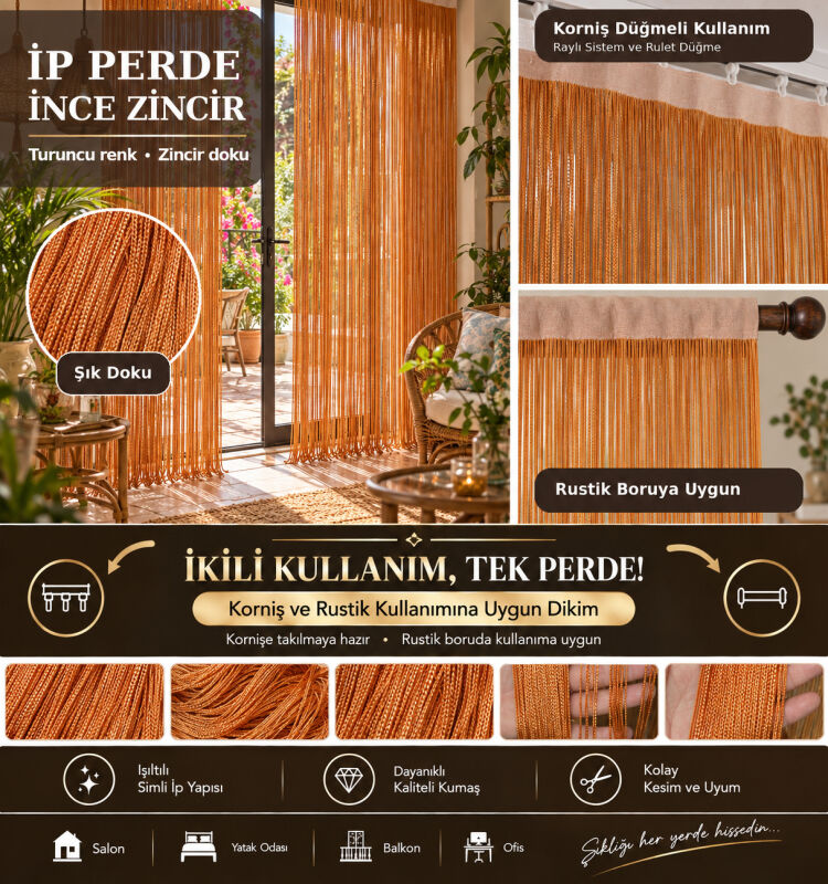 İP PERDE ÖZEL SERİ İNCE ZİNCİR TURUNCU EN 100 CM BOY 300 CM KORNİŞ VEYA RUSTİK KULLANIM - 1