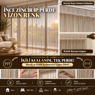 İP PERDE ÖZEL SERİ İNCE ZİNCİR VİZON EN 100 CM BOY 300 CM KORNİŞ VEYA RUSTİK KULLANILABİLİR - AKÇA TEKSTİL