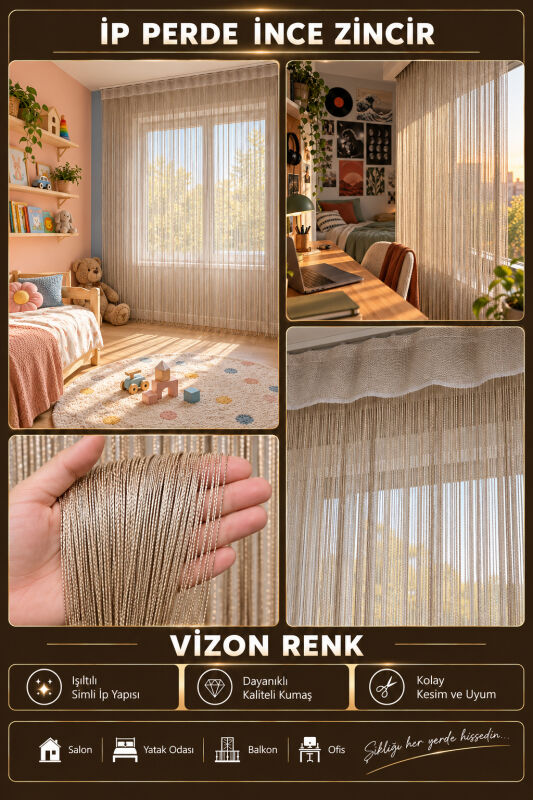 İP PERDE ÖZEL SERİ İNCE ZİNCİR VİZON EN 100 CM BOY 300 CM KORNİŞ VEYA RUSTİK KULLANILABİLİR - 2