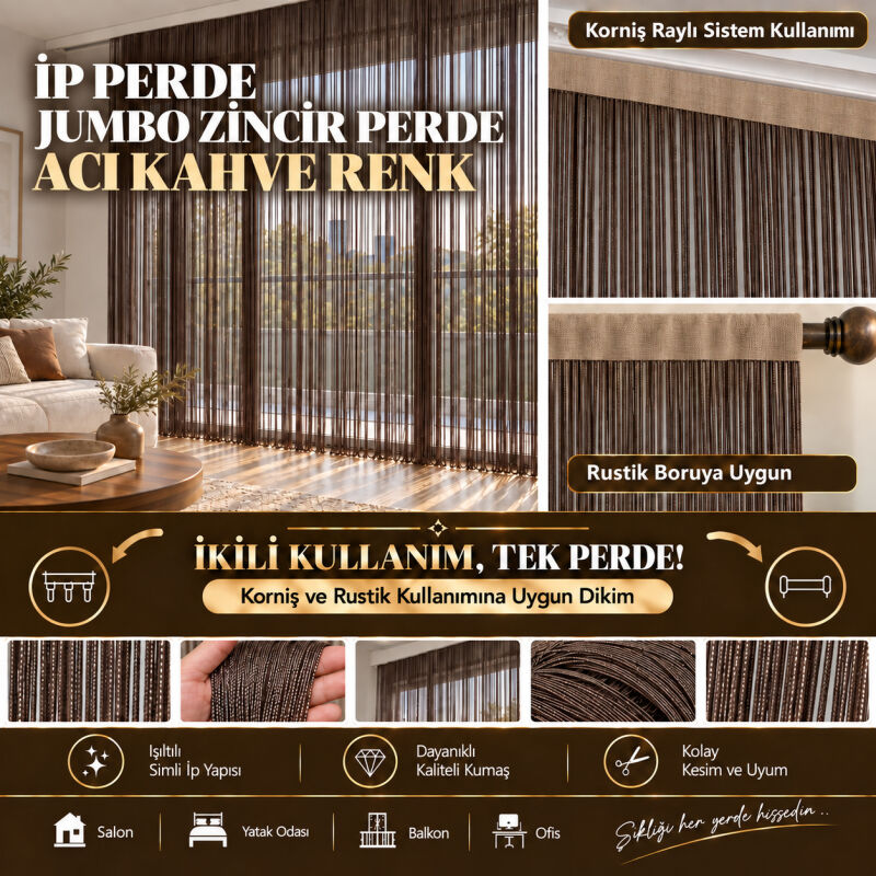 İP PERDE ÖZEL SERİ KALIN ZİNCİR ACI KAHVE RENK (100 * 300) KORNİŞ VE RUSTİK KULLANIM - 1