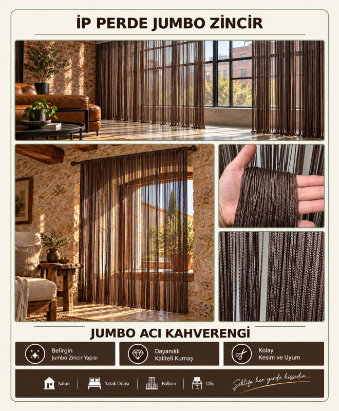 İP PERDE ÖZEL SERİ KALIN ZİNCİR ACI KAHVE RENK (100 * 300) KORNİŞ VE RUSTİK KULLANIM - 2