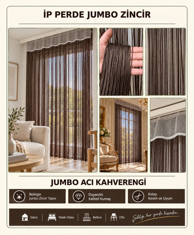 İP PERDE ÖZEL SERİ KALIN ZİNCİR ACI KAHVE RENK (100 * 300) KORNİŞ VE RUSTİK KULLANIM - 3