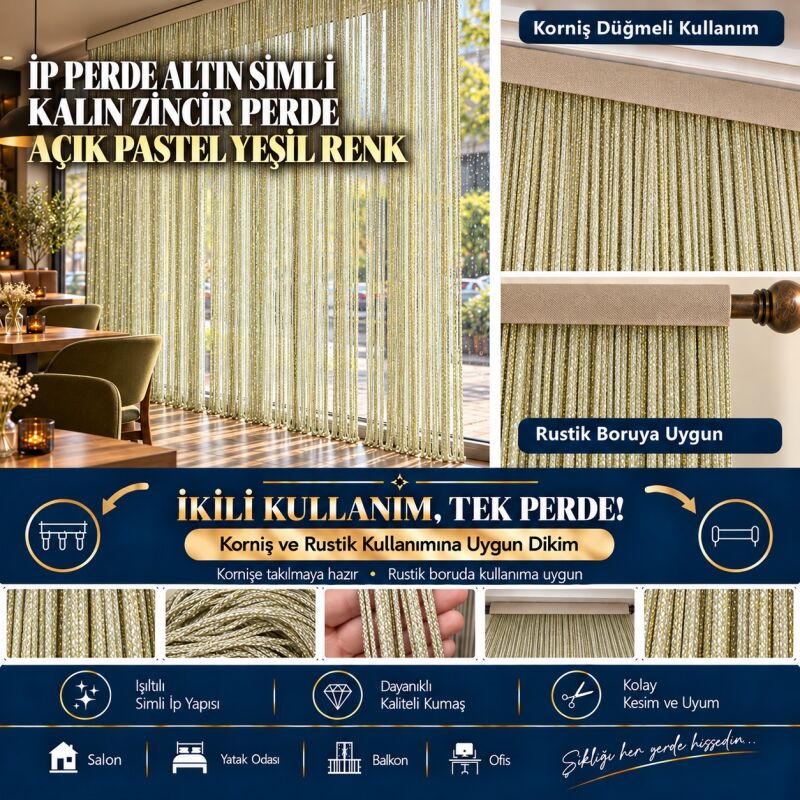 İP PERDE ÖZEL SERİ KALIN ZİNCİR ALTIN SİMLİ PASTEL AÇIK YEŞİL RENK (100 * 300) KORNİŞ VE RUSTİK KULLANIM - 2
