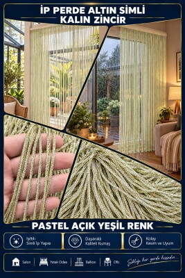 İP PERDE ÖZEL SERİ KALIN ZİNCİR ALTIN SİMLİ PASTEL AÇIK YEŞİL RENK (100 * 300) KORNİŞ VE RUSTİK KULLANIM - 3