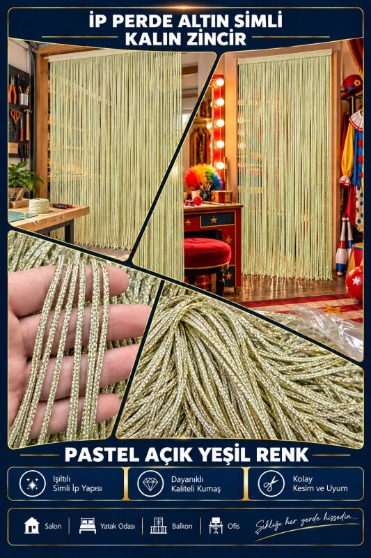 İP PERDE ÖZEL SERİ KALIN ZİNCİR ALTIN SİMLİ PASTEL AÇIK YEŞİL RENK (100 * 300) KORNİŞ VE RUSTİK KULLANIM - 4