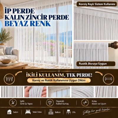 İP PERDE ÖZEL SERİ KALIN ZİNCİR BEYAZ EN 100 CM BOY 300 CM KORNİŞ VE RUSTİK KULLANIMLI - AKÇA TEKSTİL