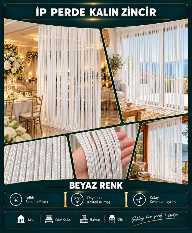 İP PERDE ÖZEL SERİ KALIN ZİNCİR BEYAZ EN 100 CM BOY 300 CM KORNİŞ VE RUSTİK KULLANIMLI - 3