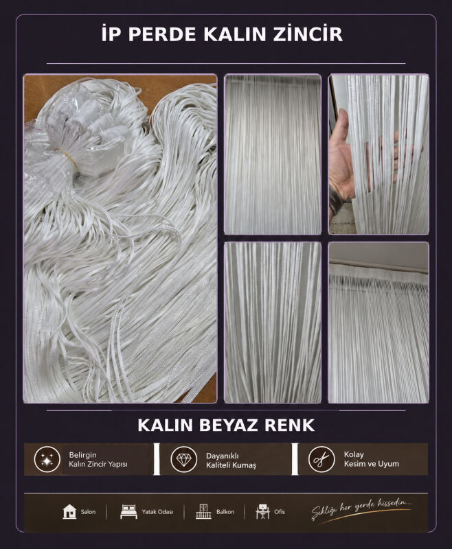 İP PERDE ÖZEL SERİ KALIN ZİNCİR BEYAZ RENK EN 100 CM BOY 300 CM - 1
