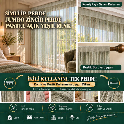 İP PERDE ÖZEL SERİ KALIN ZİNCİR GÜMÜŞ SİMLİ PASTEL AÇIK YEŞİL RENK (100 * 300) KORNİŞ VE RUSTİK KULLANIM - AKÇA TEKSTİL