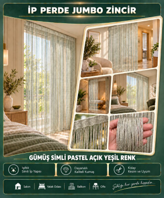 İP PERDE ÖZEL SERİ KALIN ZİNCİR GÜMÜŞ SİMLİ PASTEL AÇIK YEŞİL RENK (100 * 300) KORNİŞ VE RUSTİK KULLANIM - 2
