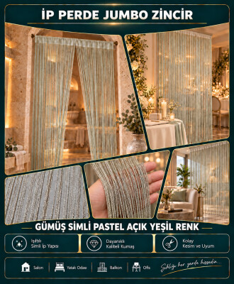 İP PERDE ÖZEL SERİ KALIN ZİNCİR GÜMÜŞ SİMLİ PASTEL AÇIK YEŞİL RENK (100 * 300) KORNİŞ VE RUSTİK KULLANIM - 3