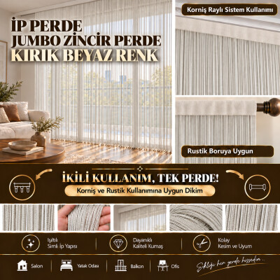 İP PERDE ÖZEL SERİ KALIN ZİNCİR KIRIK BEYAZ RENK (100 * 300) KORNİŞ VE RUSTİK KULLANIM - AKÇA TEKSTİL