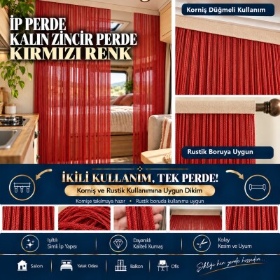 İP PERDE ÖZEL SERİ KALIN ZİNCİR KIRMIZI EN 100 CM BOY 300 CM KORNİŞ VEYA RUSTİK KULLANILABİLİR - AKÇA TEKSTİL