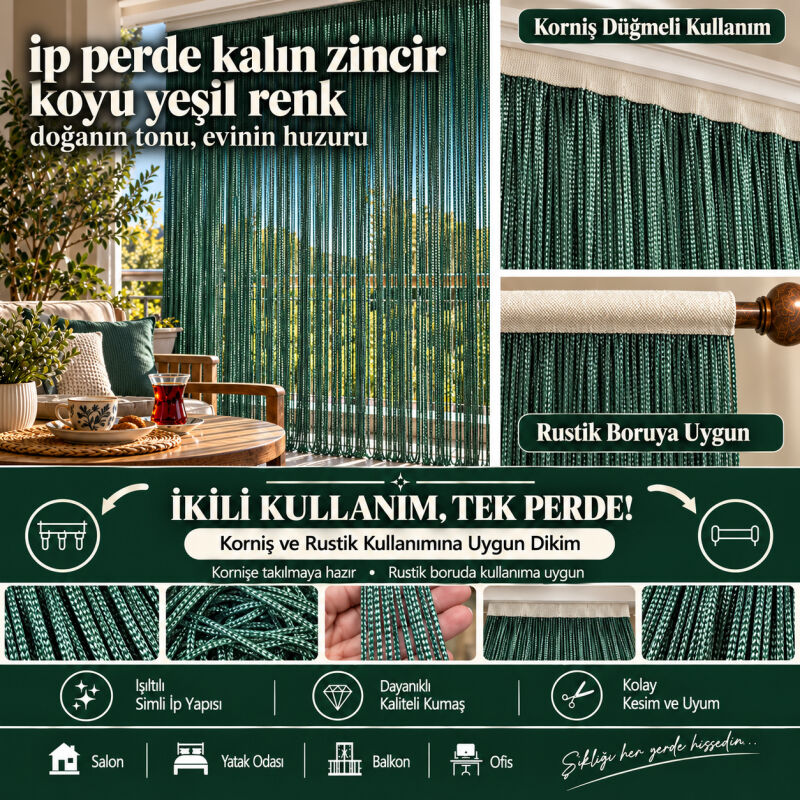 İP PERDE ÖZEL SERİ KALIN ZİNCİR KOYU YEŞİL RENK (KORNİŞ & RUSTİK) EN 100 CM BOY 300 CM - 1