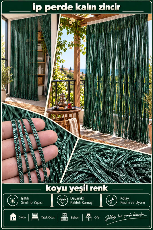 İP PERDE ÖZEL SERİ KALIN ZİNCİR KOYU YEŞİL RENK (KORNİŞ & RUSTİK) EN 100 CM BOY 300 CM - 2