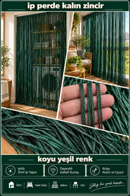 İP PERDE ÖZEL SERİ KALIN ZİNCİR KOYU YEŞİL RENK (KORNİŞ & RUSTİK) EN 100 CM BOY 300 CM - 3