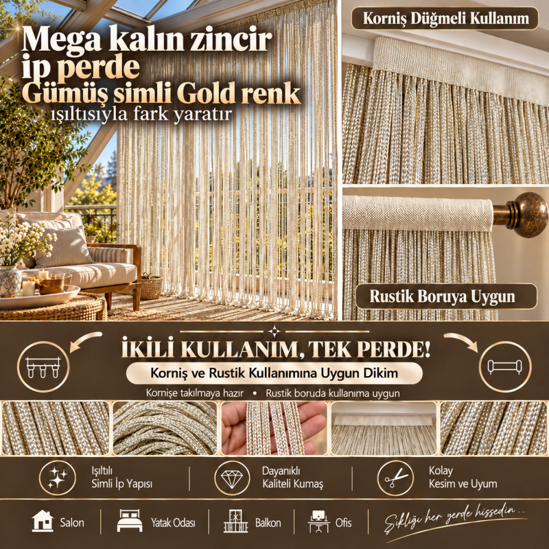 İP PERDE ÖZEL SERİ MEGA KALIN ZİNCİR GÜMÜŞ SİMLİ GOLD RENK (KORNİŞ & RUSTİK) EN 100 CM BOY 300 CM - 1