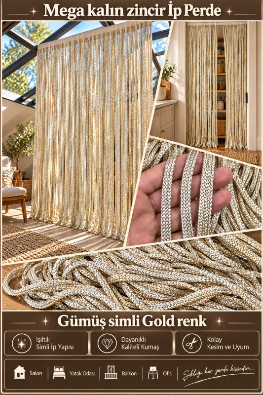 İP PERDE ÖZEL SERİ MEGA KALIN ZİNCİR GÜMÜŞ SİMLİ GOLD RENK (KORNİŞ & RUSTİK) EN 100 CM BOY 300 CM - 3