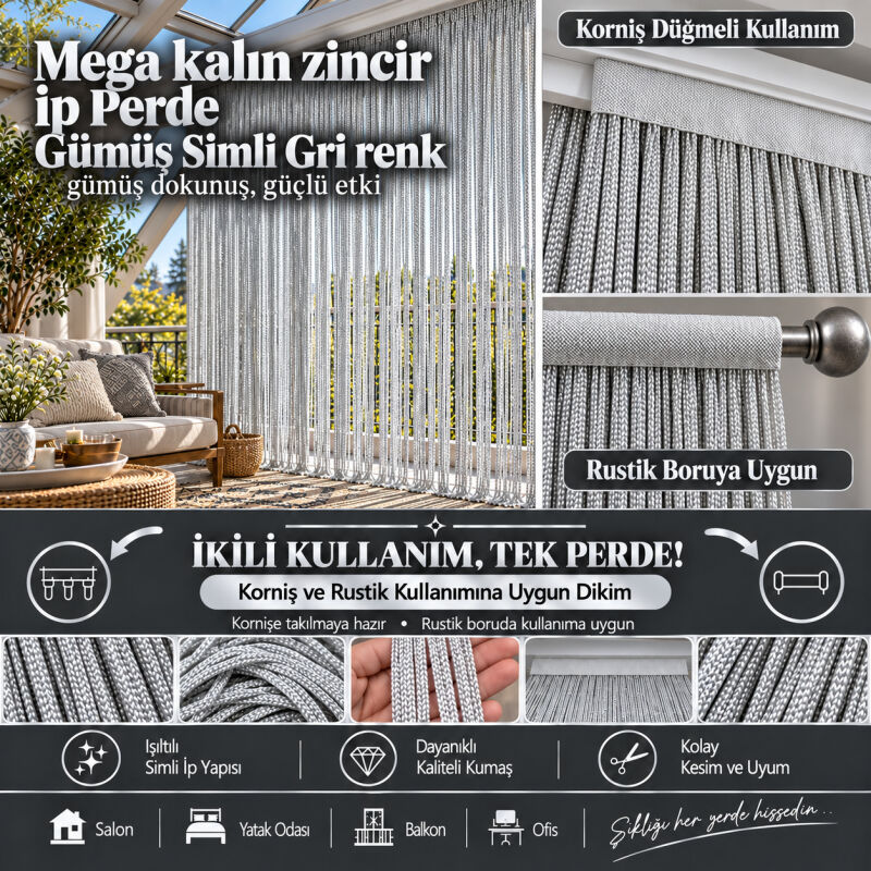 İP PERDE ÖZEL SERİ MEGA KALIN ZİNCİR GÜMÜŞ SİMLİ GRİ RENK (100 * 300) KORNİŞ VE RUSTİK KULLANIM - 1