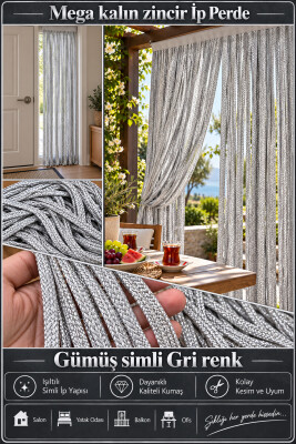 İP PERDE ÖZEL SERİ MEGA KALIN ZİNCİR GÜMÜŞ SİMLİ GRİ RENK (100 * 300) KORNİŞ VE RUSTİK KULLANIM - 2