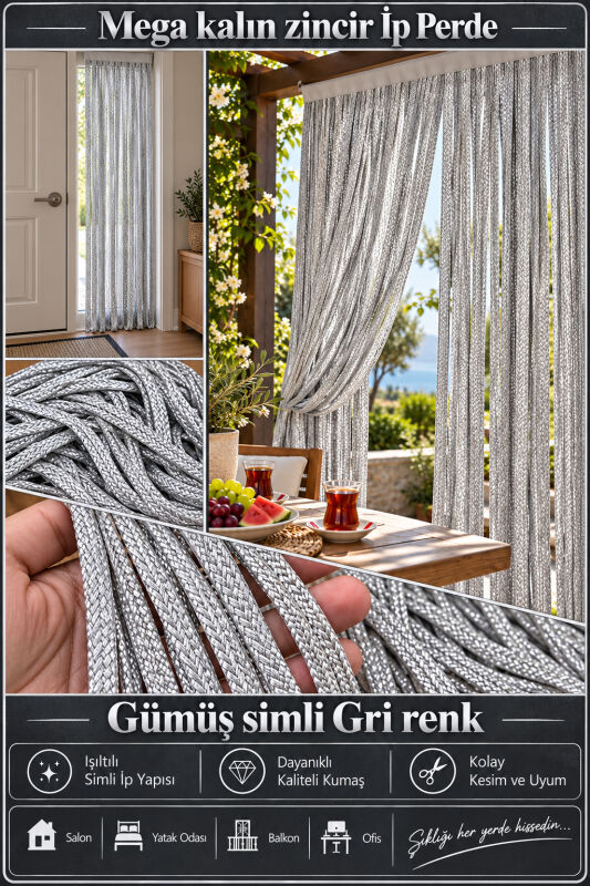 İP PERDE ÖZEL SERİ MEGA KALIN ZİNCİR GÜMÜŞ SİMLİ GRİ RENK (100 * 300) KORNİŞ VE RUSTİK KULLANIM - 2