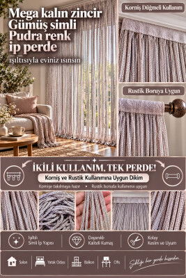 İP PERDE ÖZEL SERİ MEGA KALIN ZİNCİR GÜMÜŞ SİMLİ PUDRA RENK (100 * 300) KORNİŞ VE RUSTİK KULLANILABİLİR - AKÇA TEKSTİL