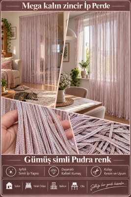 İP PERDE ÖZEL SERİ MEGA KALIN ZİNCİR GÜMÜŞ SİMLİ PUDRA RENK (100 * 300) KORNİŞ VE RUSTİK KULLANILABİLİR - 2