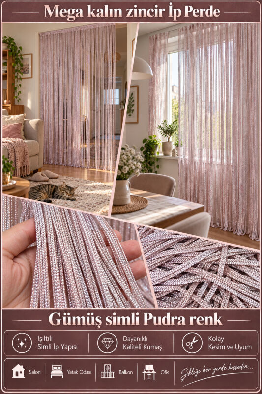 İP PERDE ÖZEL SERİ MEGA KALIN ZİNCİR GÜMÜŞ SİMLİ PUDRA RENK (100 * 300) KORNİŞ VE RUSTİK KULLANILABİLİR - 2