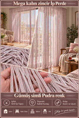 İP PERDE ÖZEL SERİ MEGA KALIN ZİNCİR GÜMÜŞ SİMLİ PUDRA RENK (100 * 300) KORNİŞ VE RUSTİK KULLANILABİLİR - 3