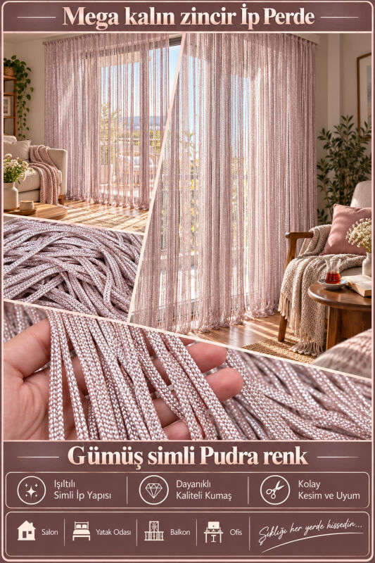 İP PERDE ÖZEL SERİ MEGA KALIN ZİNCİR GÜMÜŞ SİMLİ PUDRA RENK (100 * 300) KORNİŞ VE RUSTİK KULLANILABİLİR - 3