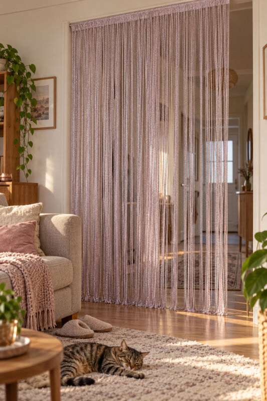 İP PERDE ÖZEL SERİ MEGA KALIN ZİNCİR GÜMÜŞ SİMLİ PUDRA RENK (100 * 300) KORNİŞ VE RUSTİK KULLANILABİLİR - 7