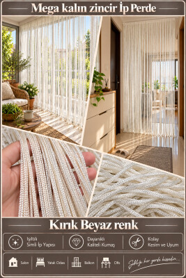 İP PERDE ÖZEL SERİ MEGA KALIN ZİNCİR KIRIK BEYAZ RENK (100 * 300) KORNİŞ VE RUSTİK KULLANIM - 2