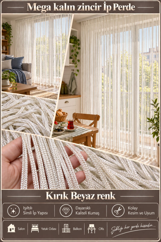İP PERDE ÖZEL SERİ MEGA KALIN ZİNCİR KIRIK BEYAZ RENK (100 * 300) KORNİŞ VE RUSTİK KULLANIM - 3