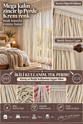 İP PERDE ÖZEL SERİ MEGA KALIN ZİNCİR KREM RENK (KORNİŞ & RUSTİK) EN 100 CM BOY 300 CM - AKÇA TEKSTİL