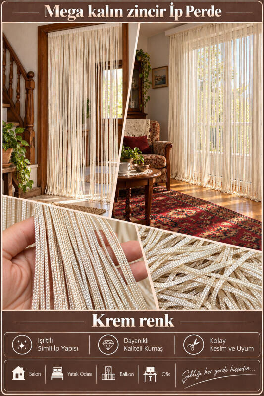 İP PERDE ÖZEL SERİ MEGA KALIN ZİNCİR KREM RENK (KORNİŞ & RUSTİK) EN 100 CM BOY 300 CM - 2