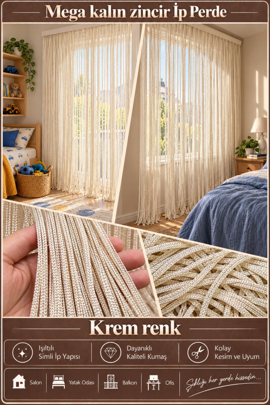 İP PERDE ÖZEL SERİ MEGA KALIN ZİNCİR KREM RENK (KORNİŞ & RUSTİK) EN 100 CM BOY 300 CM - 3