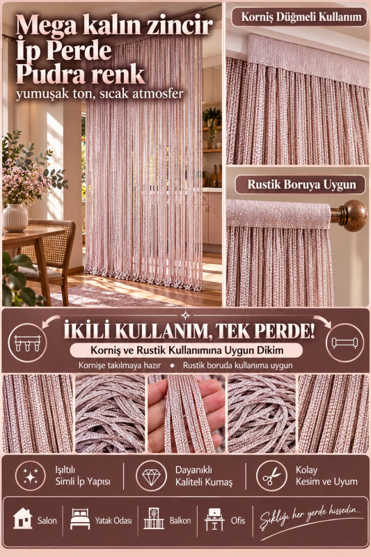 İP PERDE ÖZEL SERİ MEGA KALIN ZİNCİR PUDRA RENK (100 * 300) KORNİŞ VE RUSTİK KULLANILABİLİR - 1