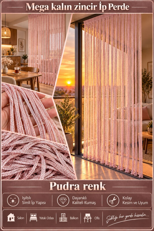 İP PERDE ÖZEL SERİ MEGA KALIN ZİNCİR PUDRA RENK (100 * 300) KORNİŞ VE RUSTİK KULLANILABİLİR - 2