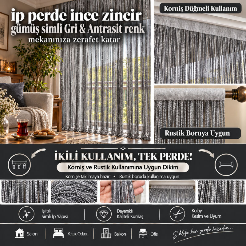 İP PERDE ÖZEL SERİ ZİNCİR GÜMÜŞ SİMLİ GRİ & ANTRASİT RENK (KORNİŞ+RUSTİK) EN 100 CM BOY 300 CM - 1