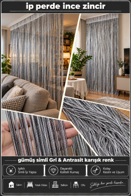 İP PERDE ÖZEL SERİ ZİNCİR GÜMÜŞ SİMLİ GRİ & ANTRASİT RENK (KORNİŞ+RUSTİK) EN 100 CM BOY 300 CM - 2