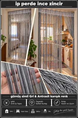 İP PERDE ÖZEL SERİ ZİNCİR GÜMÜŞ SİMLİ GRİ & ANTRASİT RENK (KORNİŞ+RUSTİK) EN 100 CM BOY 300 CM - 3