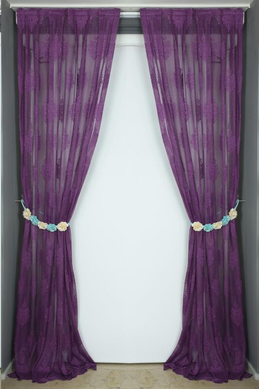 NOKTALI DAMAKS MODEL MOR RENK TEK KANAT Pileli Fon Perde 75*260 cm - 6