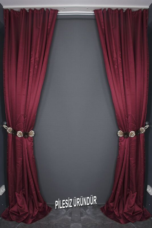 SATEN FONLUK PİLESİZ BORDO RENK TEK KANAT FON PERDE En 200 Cm Boy 260 Cm - 2