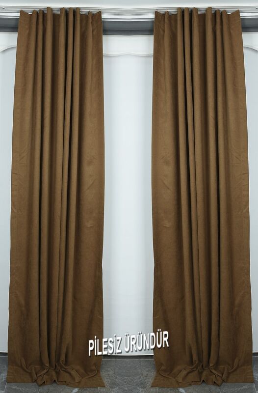 SATEN FONLUK PİLESİZ KAHVERENGİ RENK TEK KANAT FON PERDE En 200 Cm Boy 260 Cm - 2