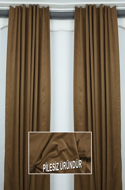 SATEN FONLUK PİLESİZ KAHVERENGİ RENK TEK KANAT FON PERDE En 200 Cm Boy 260 Cm - 3
